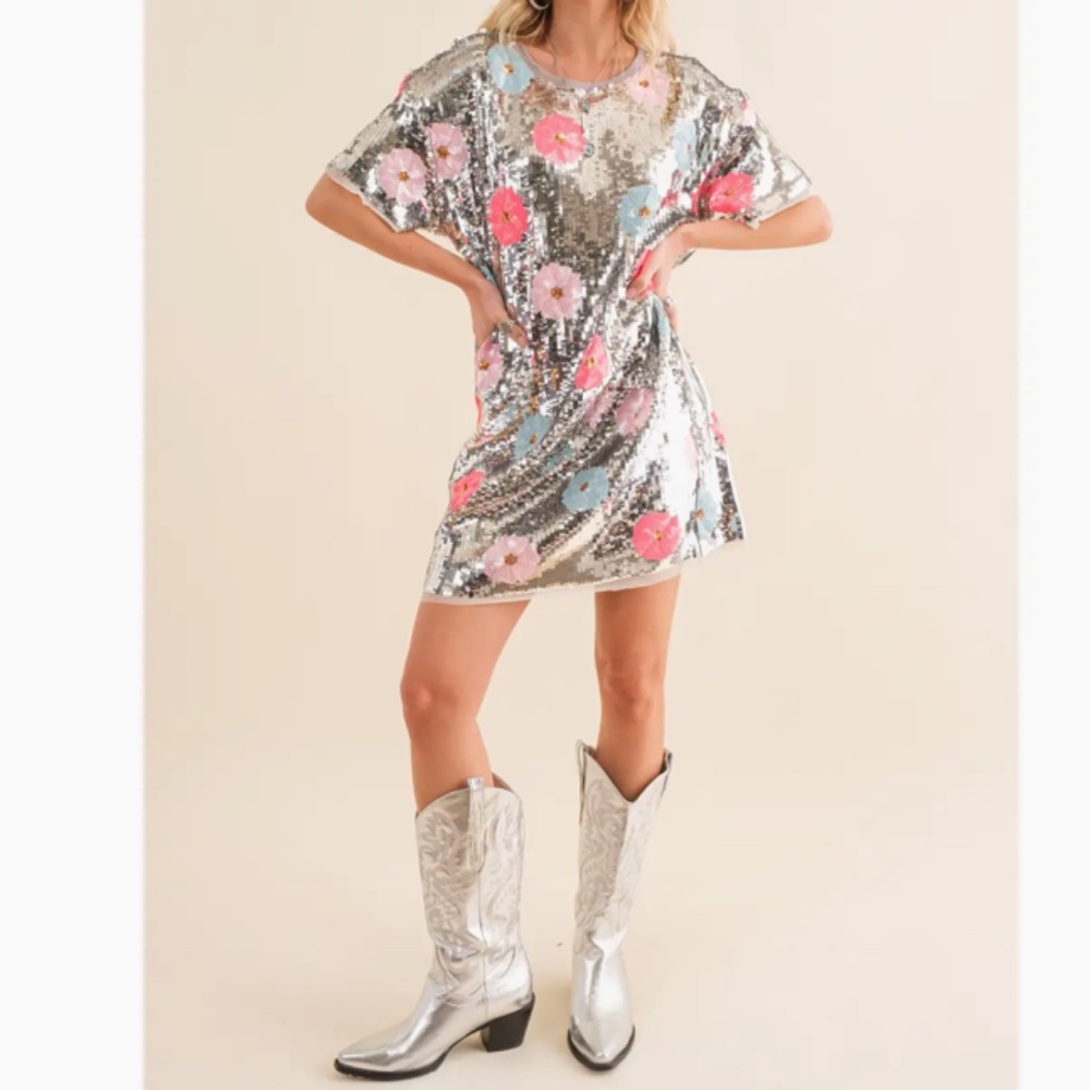 NWT!! Blue B!! Sequin Multi Flower T Shirt Mini Dress, Sizes: S, M & L